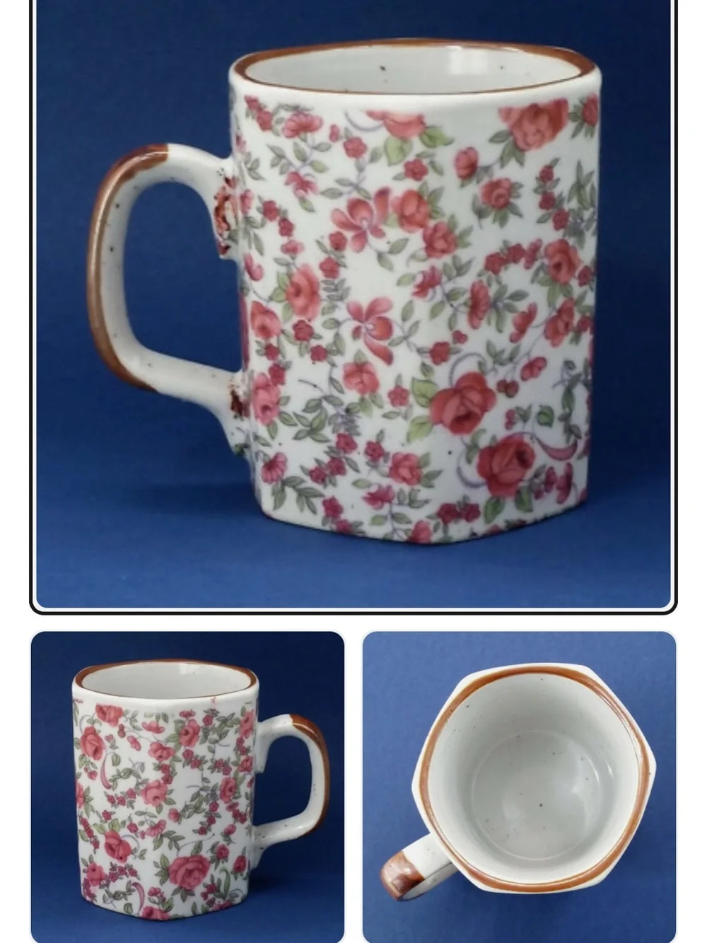 Vintage Speckled Stoneware Ceramic Coffee Mug Hexagon Pink Rose Floral Korea